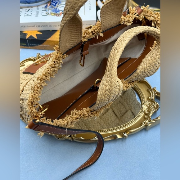 🆕 OROTON 🧿 NWOT Calypso Small Woven Straw Crossbody Tote, Natural & Saddle - Picture 14 of 16